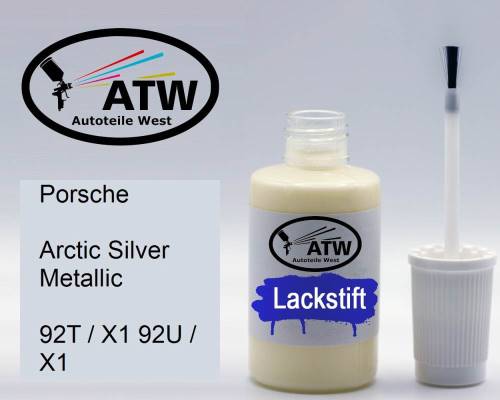 Porsche, Arctic Silver Metallic, 92T / X1 92U / X1: 20ml Lackstift, von ATW Autoteile West.
